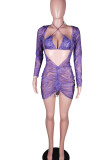Purple Sexy Print Hollowed Out Patchwork V Neck Pencil Skirt Dresses