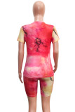 Multicolor Fashion Casual Print Basic O Neck Short Sleeve Two Pieces