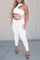White Sexy Solid Patchwork Halter Skinny Jumpsuits