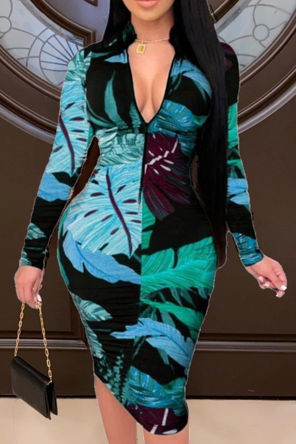 Green Fashion Casual Print Basic Zipper Collar Printed Dress