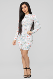 Grey Fashion Sexy Cap Sleeve Long Sleeves O neck Step Skirt Knee-Length Patchwork Print 