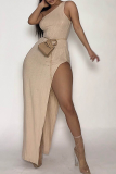 Pink Sexy Solid High Opening One Shoulder Irregular Dress Dresses
