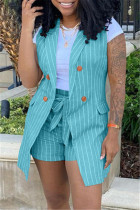 Cyanine Fashion Casual Striped Print Cardigan Sleeveless Two Pieces