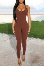 Brown Casual Solid Patchwork Halter Skinny Jumpsuits