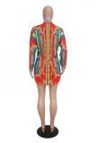 Red Casual Fashion Cap Sleeve Long Sleeves Turndown Collar Straight Mini Striped Print Long S