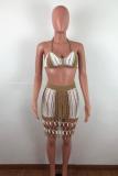 Khaki Sexy Fashion adult Geometric Two Piece Suits HOLLOWED OUT Patchwork Hole Regular Sleeveles
