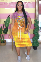 Yellow Fashion Casual adult White Blue Green Pink Yellow Multi-color multicolor Cap Sleeve Short Sleeves O neck A-Line Mid-Calf Print Patchwork Ombre bandage Dresses