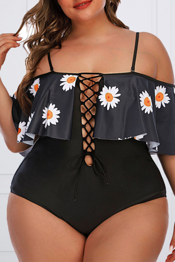 Black Sexy Print Hollowed Out Patchwork Off the Shoulder Plus Size Swimwear