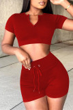 Red Fashion Casual Solid Basic V Neck Short Sleeve Two Pieces