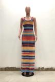 Multi-color Sexy Fashion Spaghetti Strap Sleeveless Slip Straight Ankle-Length asymmetrical Rainbow St