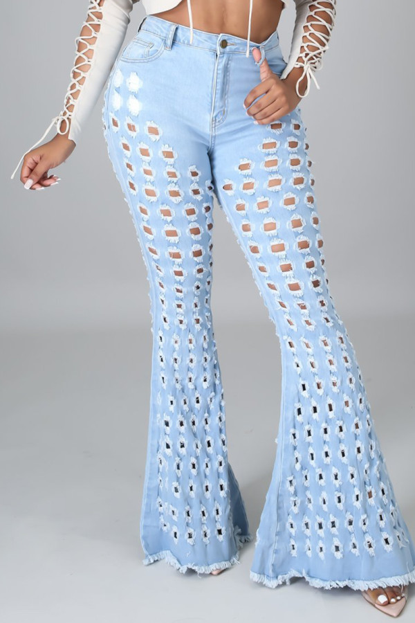 Light Blue Fashion Casual Solid Hollowed Out High Waist Regular Jeans