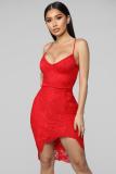 Red Sexy Fashion Spaghetti Strap Sleeveless Slip Asymmetrical Knee-Length asymmetrical Solid P