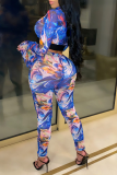 Blue Sexy Print Mesh Half A Turtleneck Long Sleeve Two Pieces