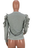 Grey O Neck ruffle Print Patchwork Print Long Sleeve Sweats & Hoodies