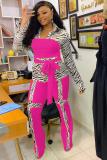 Yellow adult OL Fashion Bandage Print Two Piece Suits Patchwork contrast color Loose Long Sleeve
