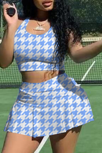 Blue Sexy Plaid Patchwork U Neck Sleeveless Two Pieces