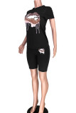 Red Fashion Active adult Ma'am Patchwork Print Two Piece Suits Lips Print pencil Short Sleeve Two Pieces