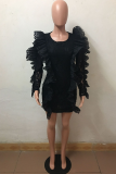 Black Fashion Solid Patchwork O Neck A Line Dresses