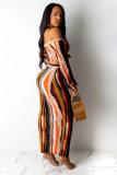 Orange Sexy Fashion Button crop top Slim fit Two Piece Suits asymmetrical Striped Regular Long Sl