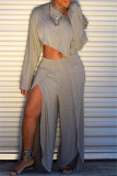 Pink Fashion Casual Solid Patchwork Slit Oblique Collar Long Sleeve Two Pieces