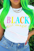White Chemical fiber blend O Neck Short Sleeve Letter Print Character Solid Tops