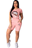 Red Fashion Active adult Ma'am Patchwork Print Two Piece Suits Lips Print pencil Short Sleeve Two Pieces