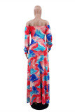 Pink Fashion Sexy Print Hollowed Out Slit Off the Shoulder Long Sleeve Dresses