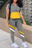 Grey Sportswear Color Block Patchwork Zipper Collar Short Sleeve Two Pieces
