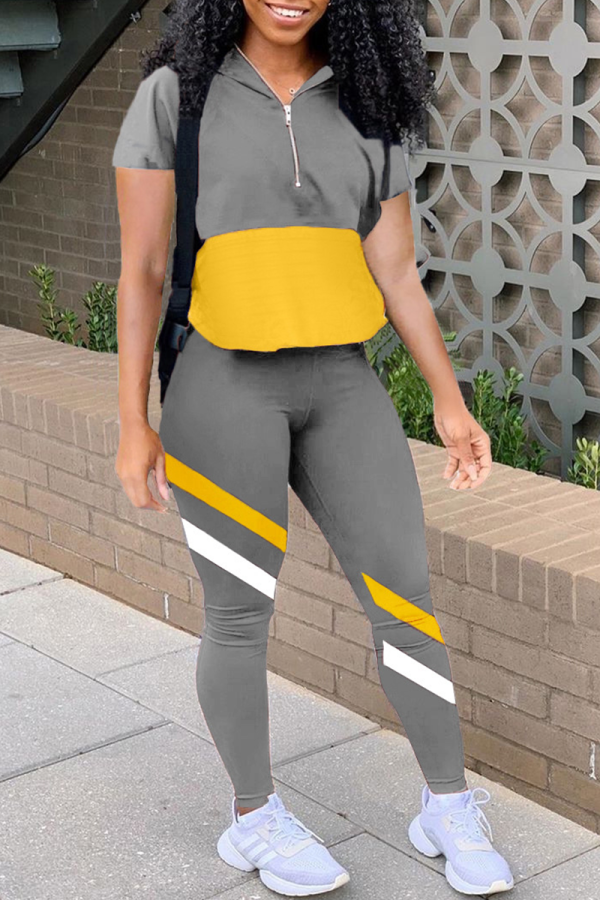 Grey Sportswear Color Block Patchwork Zipper Collar Short Sleeve Two Pieces