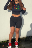 Black Sexy Print Patchwork O Neck Long Sleeve Two Pieces