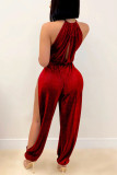 Blue Sexy Solid Bandage Slit Jumpsuits