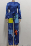 Dark Blue Casual Color Lump Print Bandage Patchwork Buckle Mandarin Collar Straight Jumpsuits