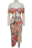 Pink Sexy Print Patchwork Frenulum High Opening Asymmetrical Off the Shoulder Short Sleeve Two Pieces