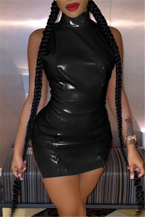 Black Fashion Sexy Solid Backless Slit Turtleneck Sleeveless Dress