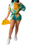 Blue Fashion Sexy adult Patchwork Print Tie Dye Two Piece Suits Straight Half Sleeve Two Pieces