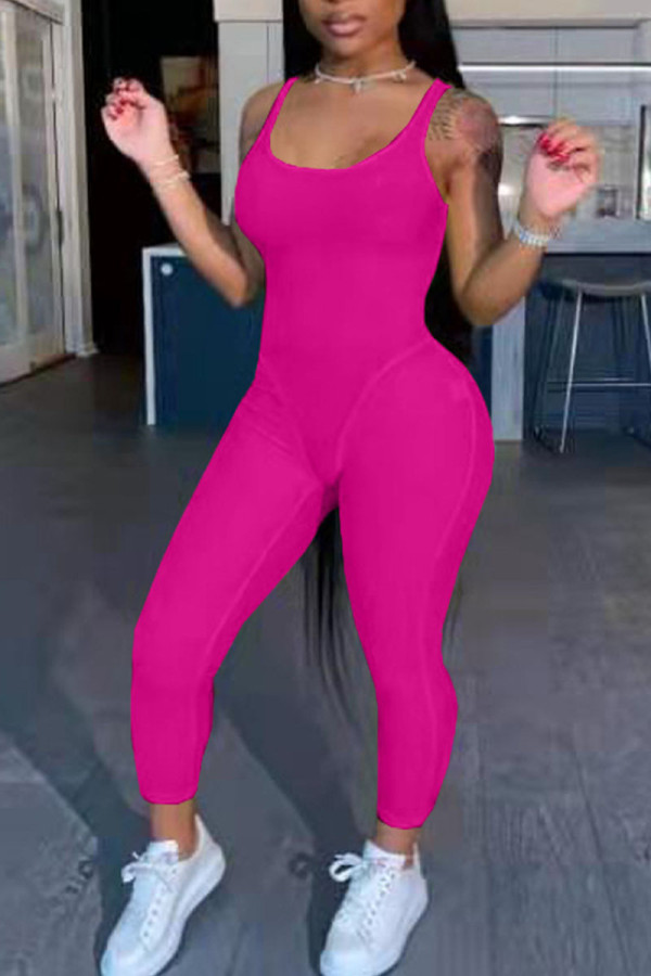 Rose Red Sexy Solid Patchwork U Neck Skinny Jumpsuits