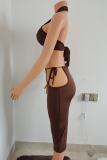 Pink Sexy Solid Hollowed Out Strapless Sleeveless Two Pieces