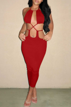 Red Sexy Solid Hollowed Out Halter Pencil Skirt Dresses