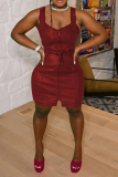 Burgundy Sexy Solid Patchwork V Neck Pencil Skirt Dresses