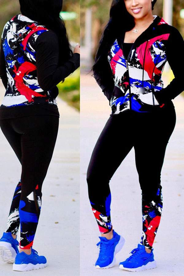 Red Blue Sexy Print Patchwork Hooded Collar Long Sleeve Two Pieces