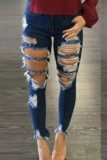 Blue Denim Fashion adult Ma'am Street Solid Hole washing Zipper Button Plus Size 