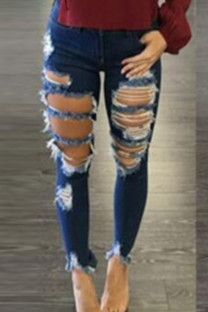 Blue Denim Fashion adult Ma'am Street Solid Hole washing Zipper Button Plus Size 