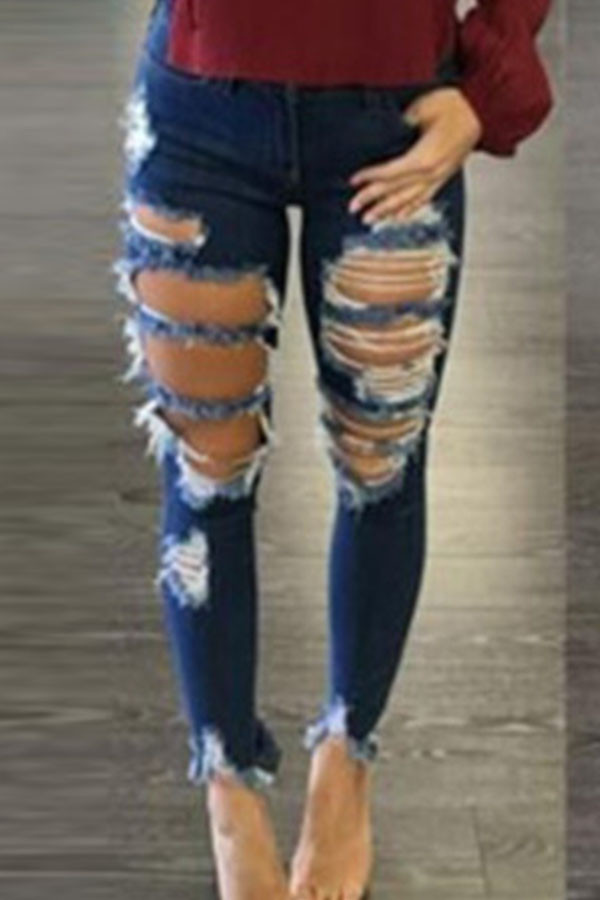 Blue Denim Fashion adult Ma'am Street Solid Hole washing Zipper Button Plus Size 