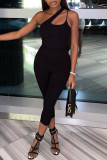 Black Fashion Sexy Solid Backless Oblique Collar Skinny Jumpsuits