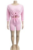 Pink Milk Silk Active Patchwork Solid asymmetrical Fluorescent pencil Half Sleeve Two Pieces