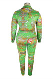 Green Fashion Casual Print Cardigan Turndown Collar Plus Size Two Pieces