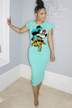 Green Fashion adult Sexy Cap Sleeve Short Sleeves O neck A-Line Mid-Calf hole Print asymmetrical