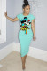 Green Fashion adult Sexy Cap Sleeve Short Sleeves O neck A-Line Mid-Calf hole Print asymmetrical