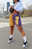 Purple Fashion Casual Print Patchwork Straight High Waist Shorts