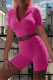 Rose Red Fashion Casual Solid Basic Turndown Collar Short Sleeve Two Pieces